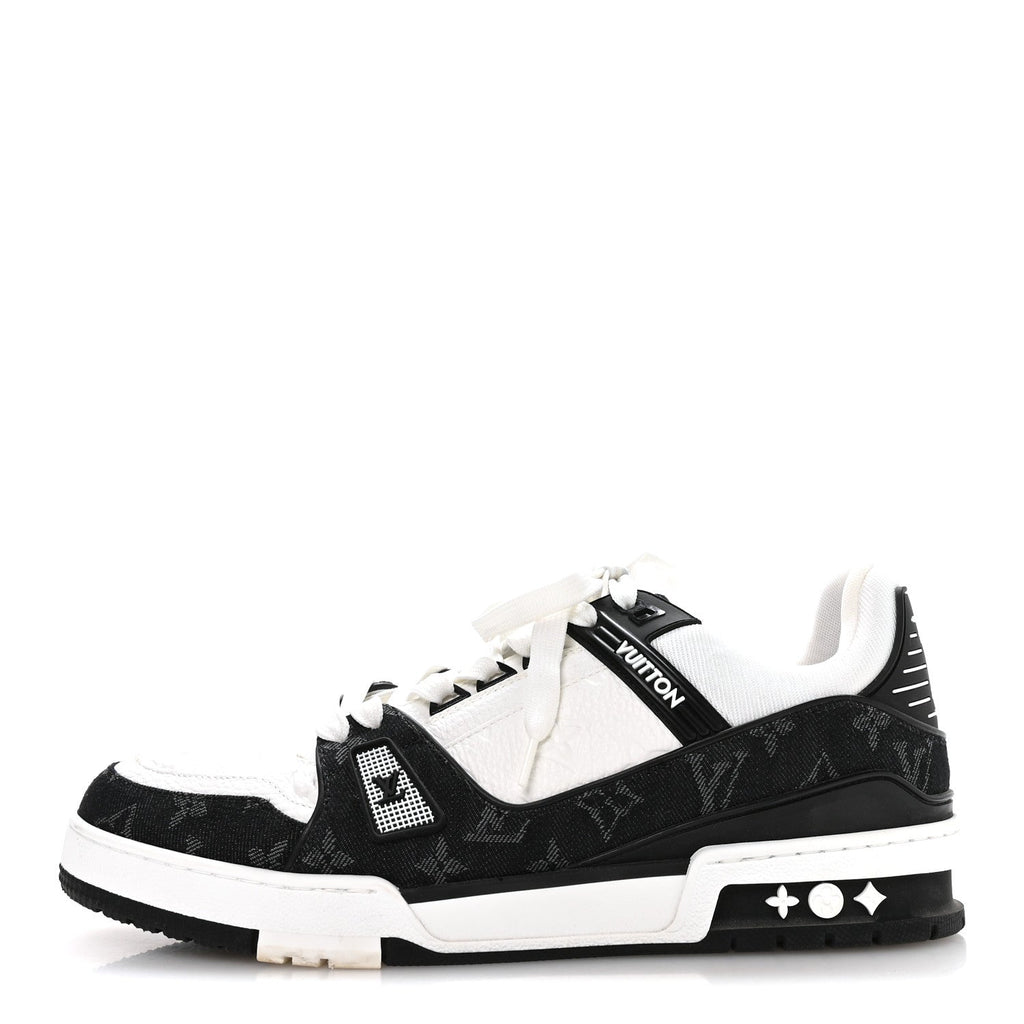 Louis Vuitton Calfskin Embossed Monogram Denim Mens LV Trainer Sneakers 9 Black