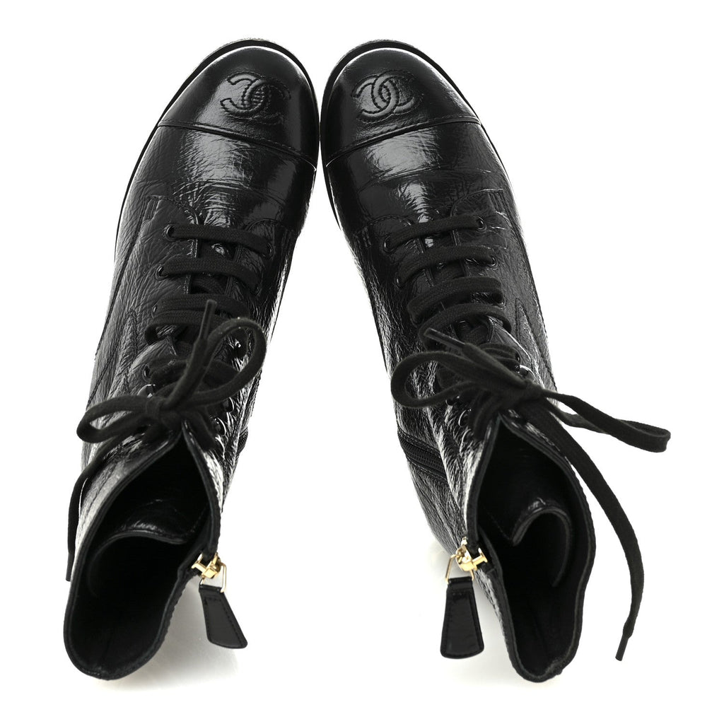 Chanel Shiny Crumpled Lambskin Lace Up Combat Boots 37 Black