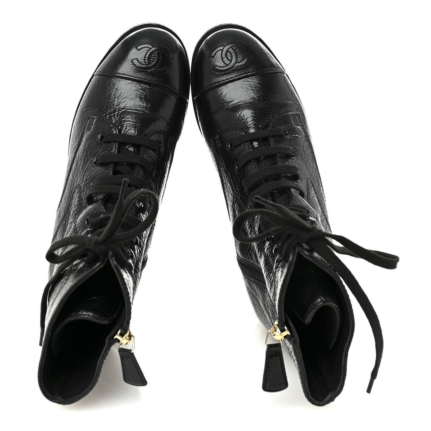 Chanel Shiny Crumpled Lambskin Lace Up Combat Boots 37 Black