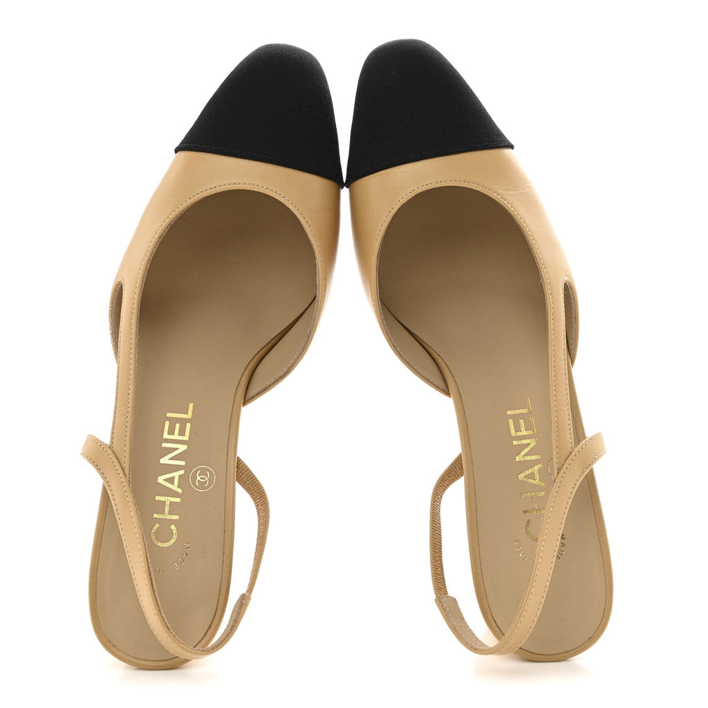 Goatskin Grosgrain Cap Toe CC Slingback Pumps 36.5 Beige Black