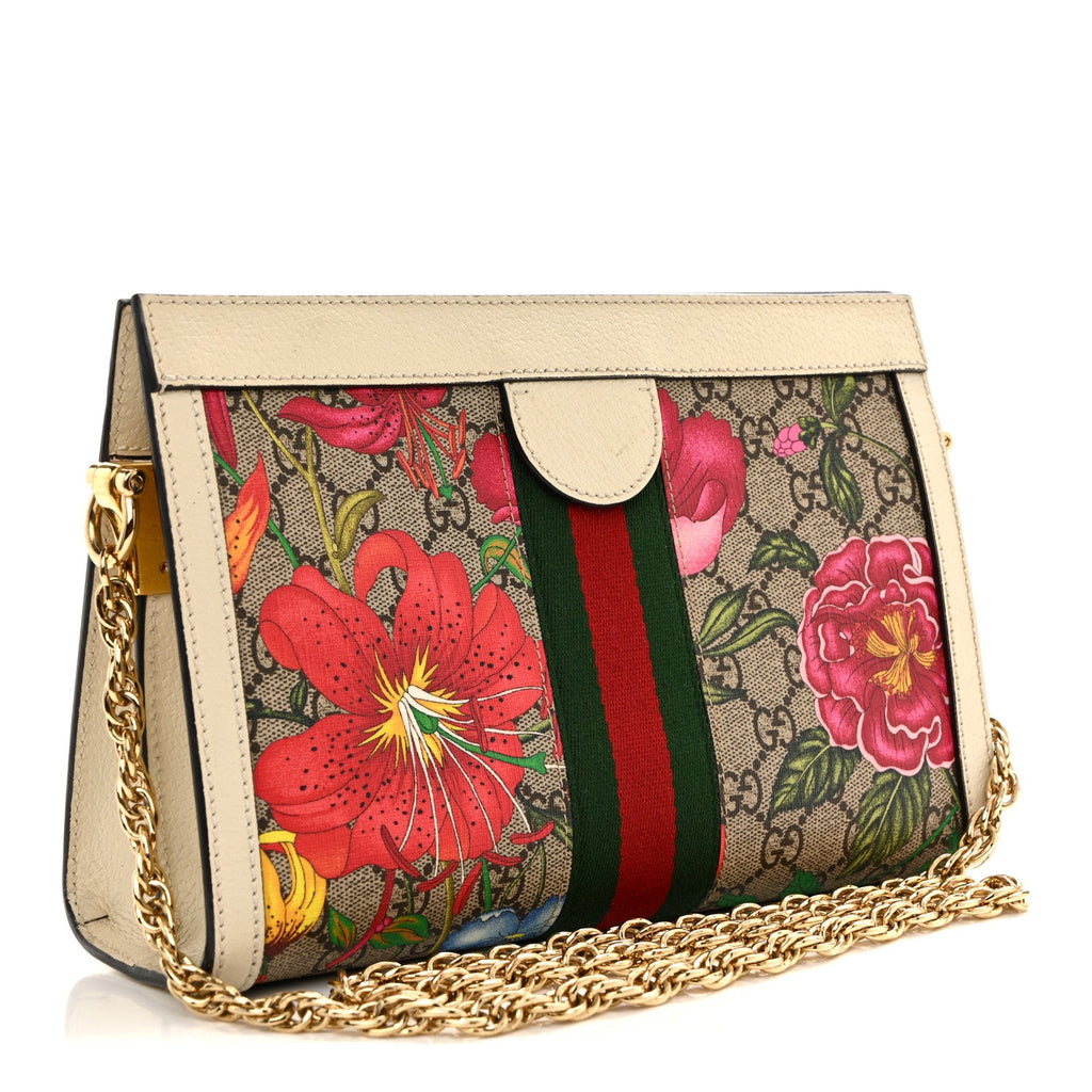 Gucci GG Supreme Monogram Flora Web Small Ophidia Chain Shoulder Bag White