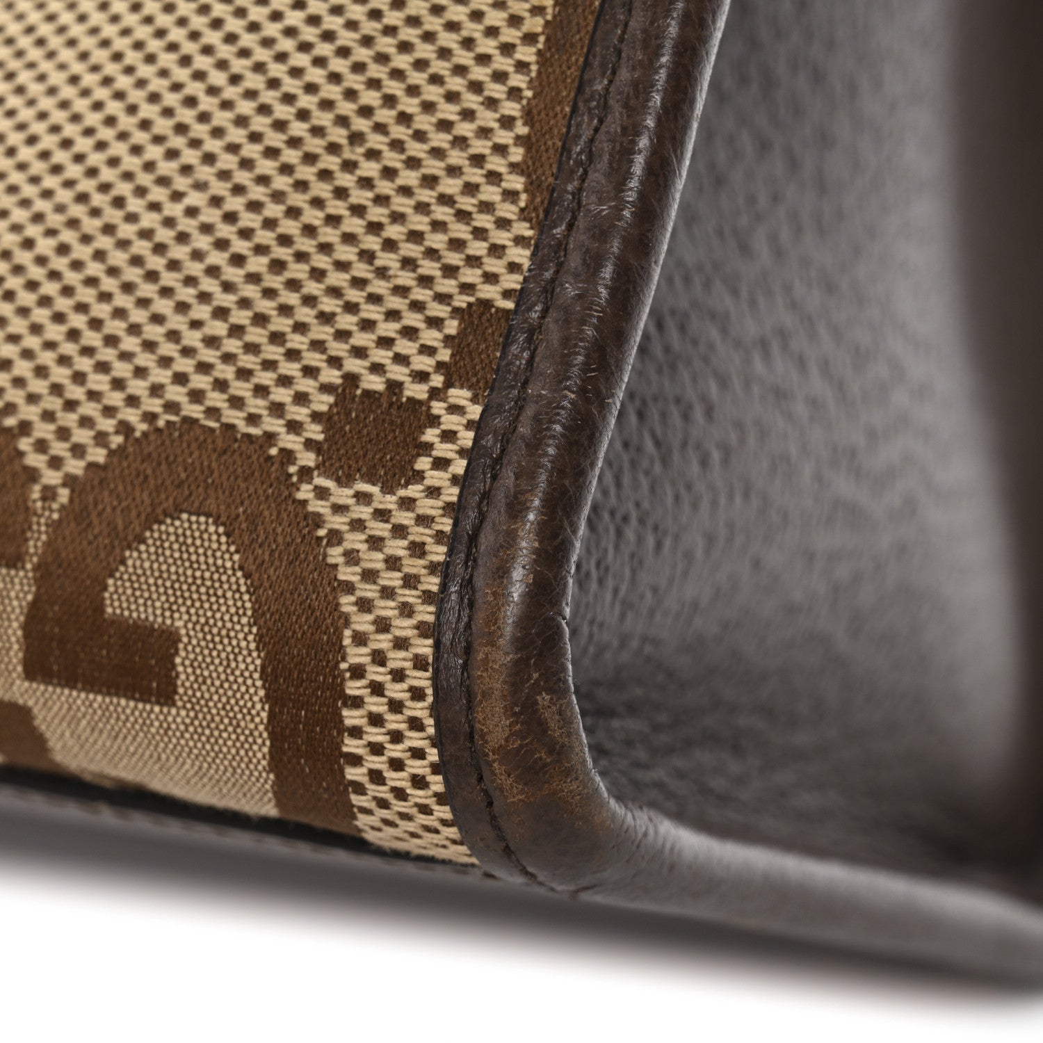 Gucci Monogram Jumbo GG Textured Dollar Calfskin Web Small Tote Bag Camel Ebony New Acero
