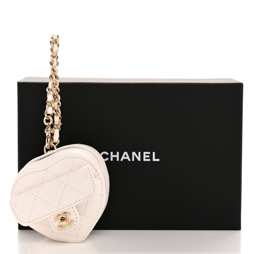 Lambskin Quilted CC Mini In Love Heart Bag Charm White