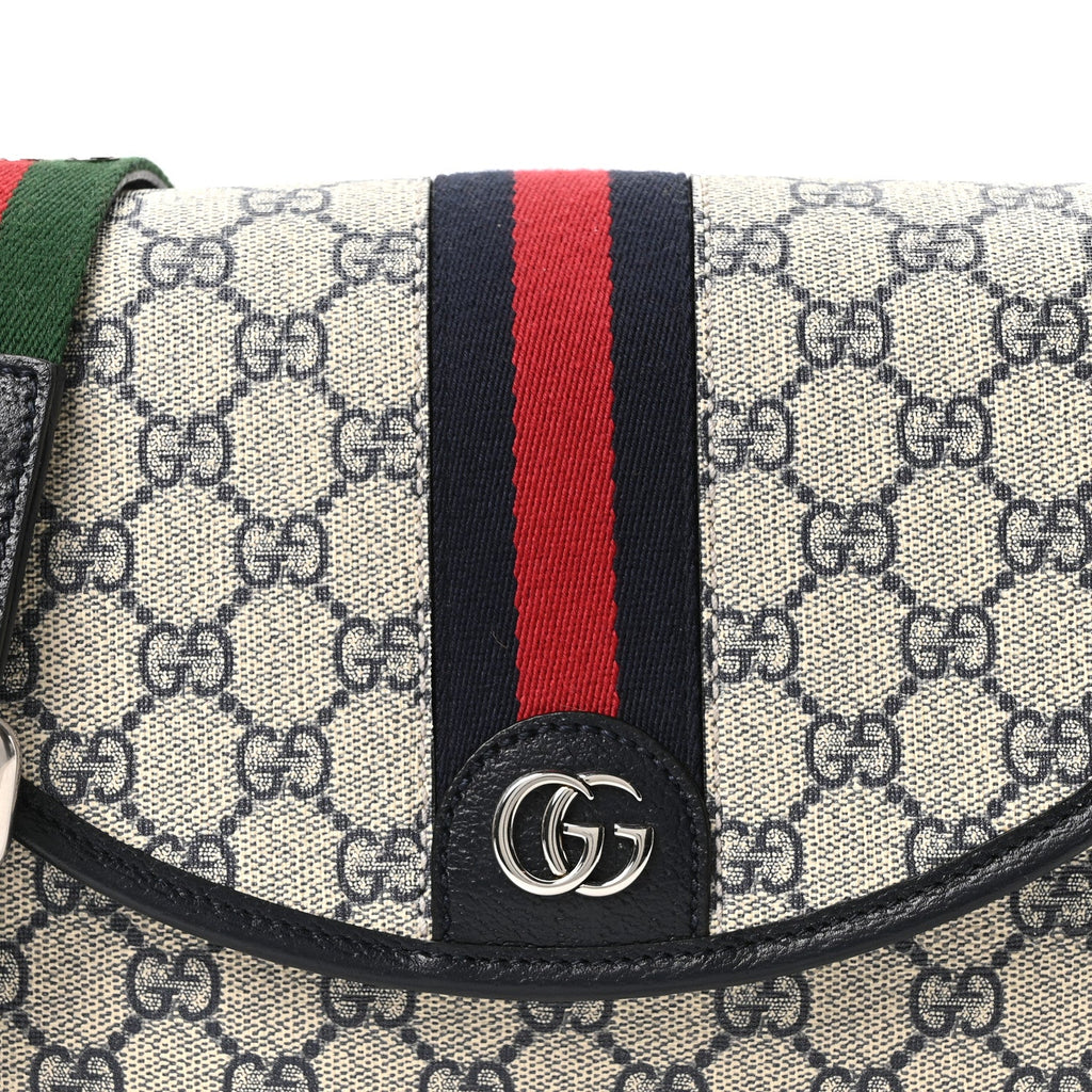 Gucci GG Supreme Monogram Textured Dollar Calfskin Web Studded Mini Ophidia Flap Shoulder Bag Beige Blue