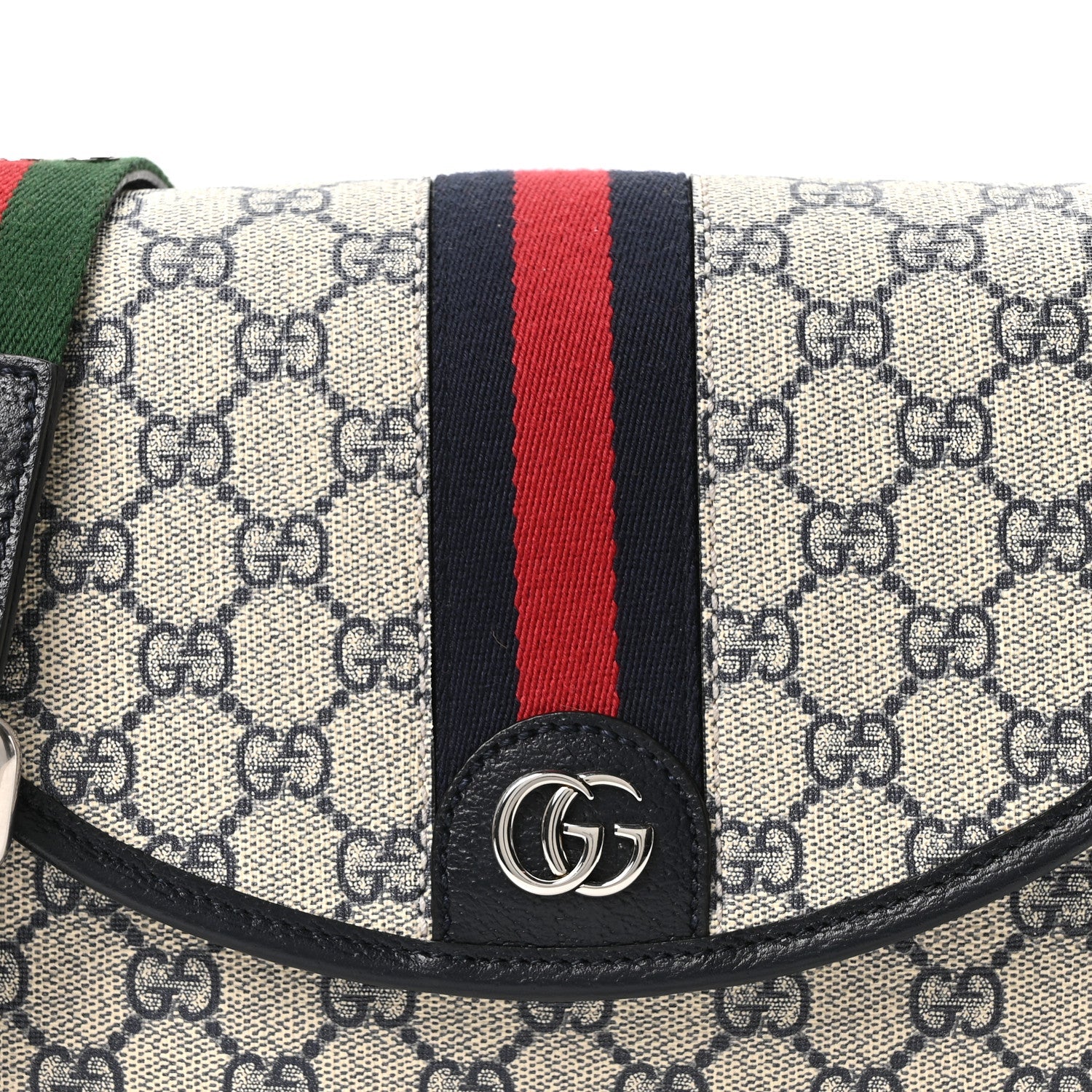 Gucci GG Supreme Monogram Textured Dollar Calfskin Web Studded Mini Ophidia Flap Shoulder Bag Beige Blue