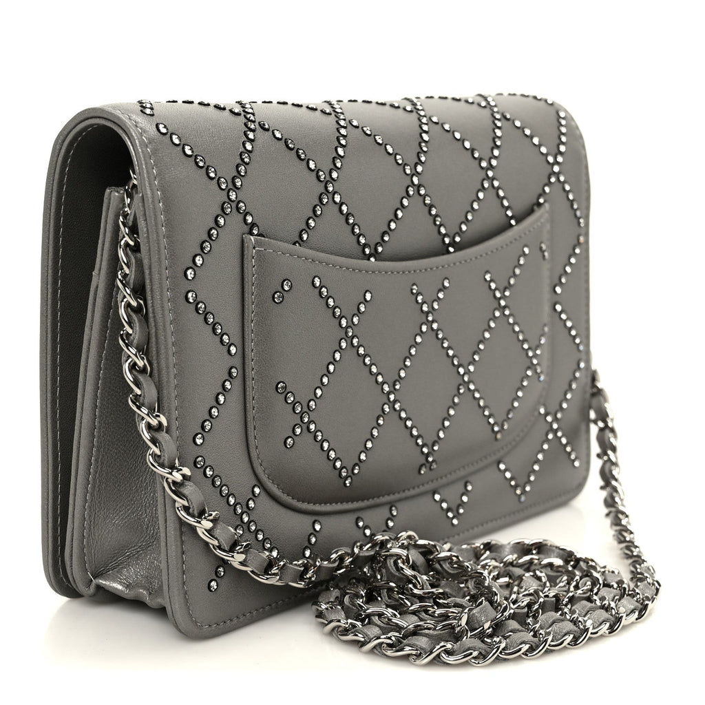 Chanel Lambskin Crystal Quilted Wallet On Chain WOC Grey