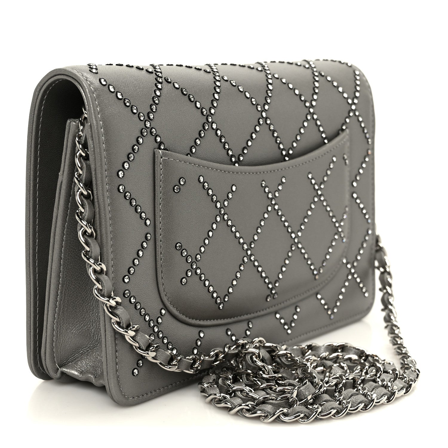 Chanel Lambskin Crystal Quilted Wallet On Chain WOC Grey