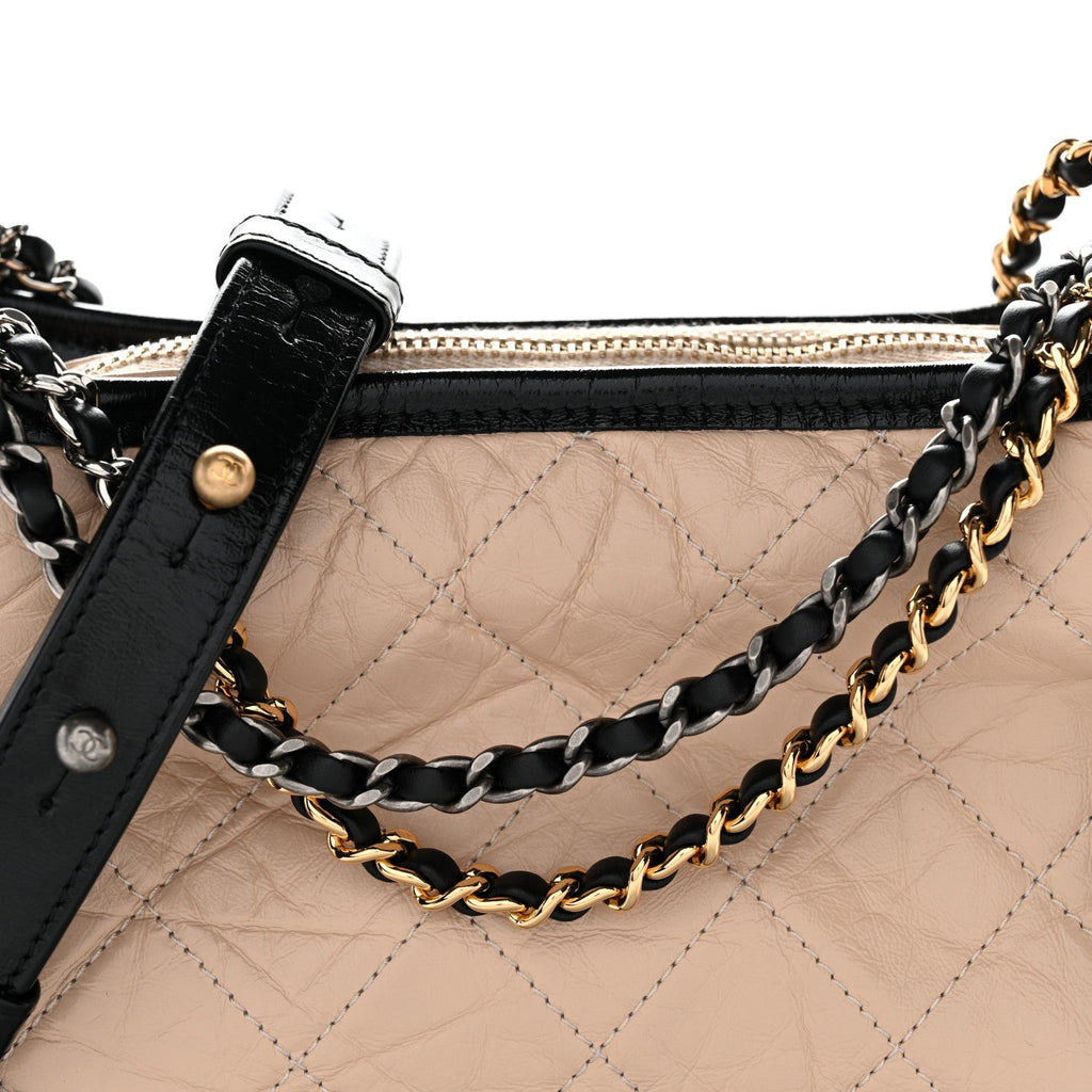Chanel Aged Calfskin Quilted Small Gabrielle Hobo Beige Black