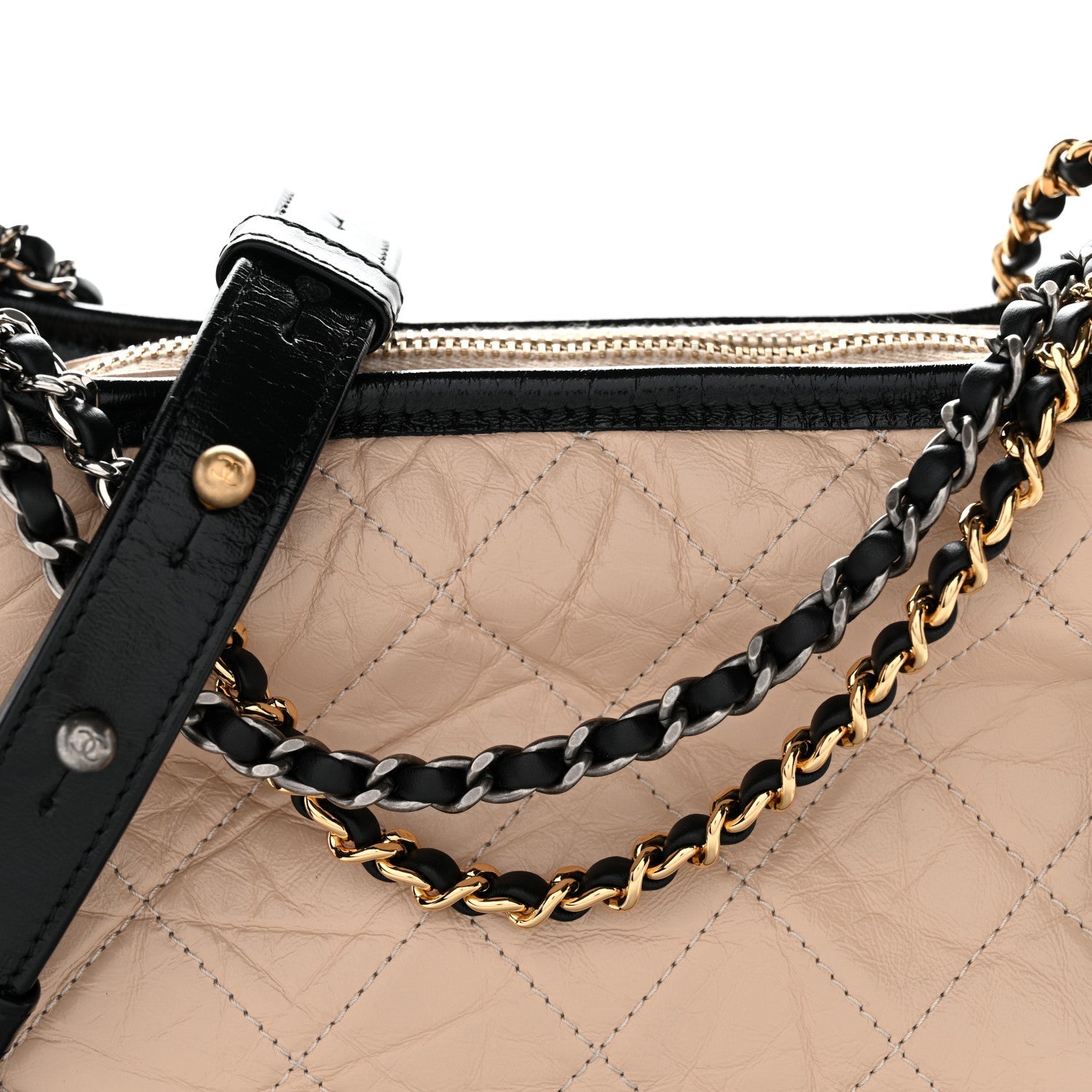 Chanel Aged Calfskin Quilted Small Gabrielle Hobo Beige Black