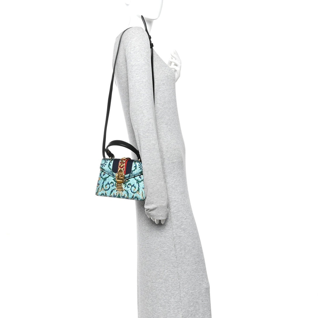 Gucci Iridescent Brocade Mini Sylvie Top Handle Bag Azure