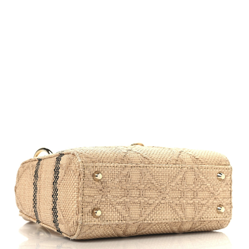 Christian Dior Raffia Woven Cannage Embroidered Mini Lady D-Lite Natural Black