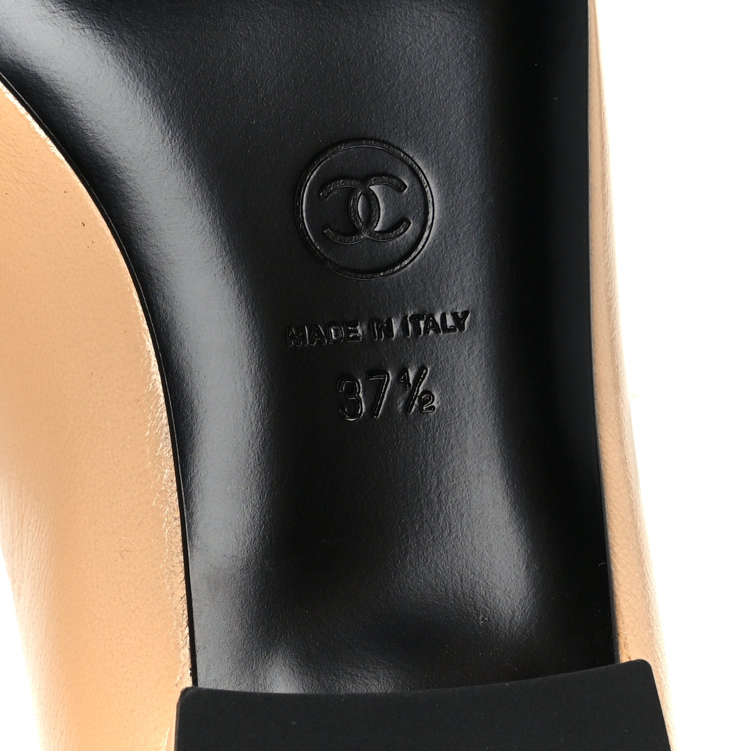 Chanel Shiny Lambskin Grosgrain Pointed Toe CC Ballet Flats 37.5 Beige Black