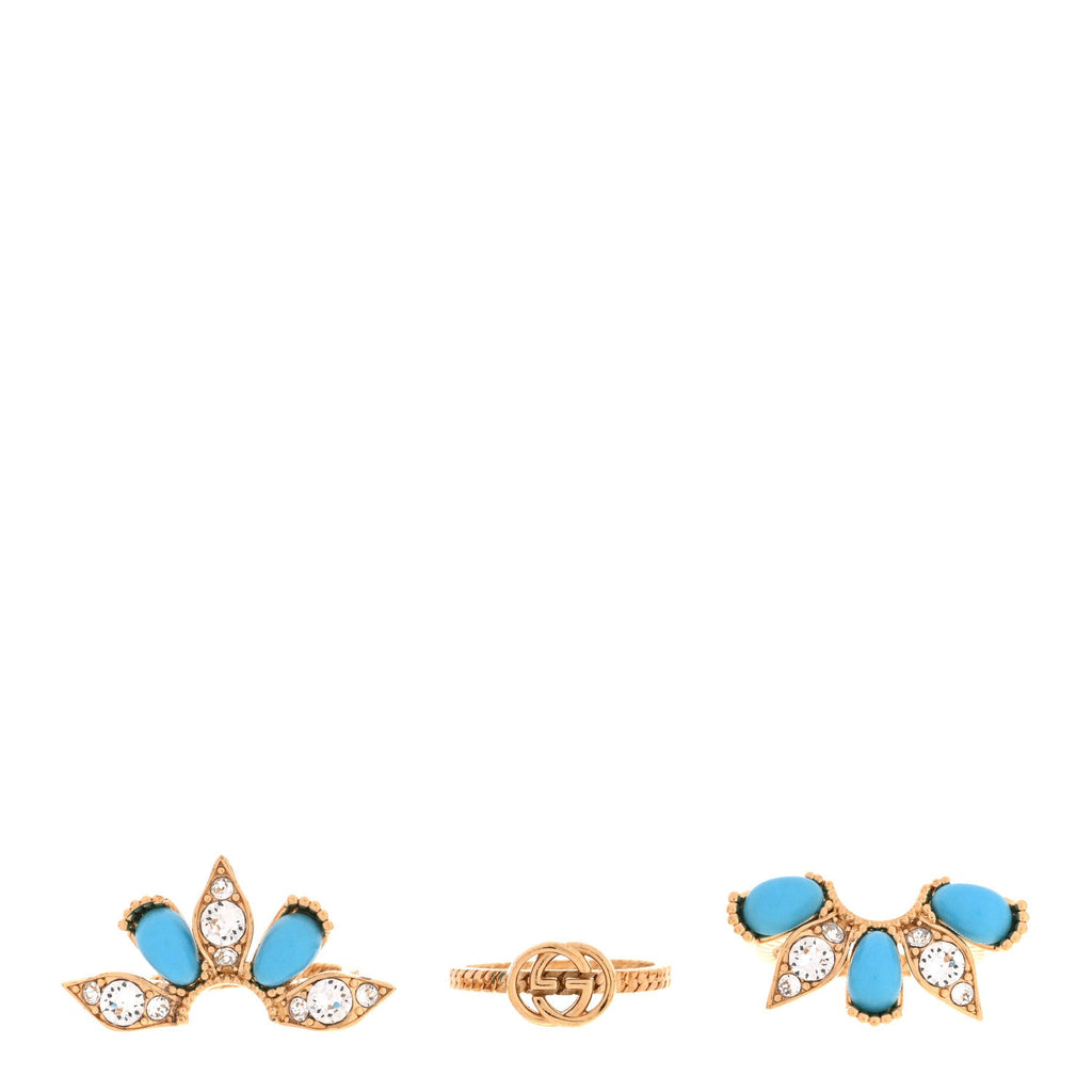 Gucci Metal Crystal Interlocking G Ring Set 53 6.25 Gold Turquoise