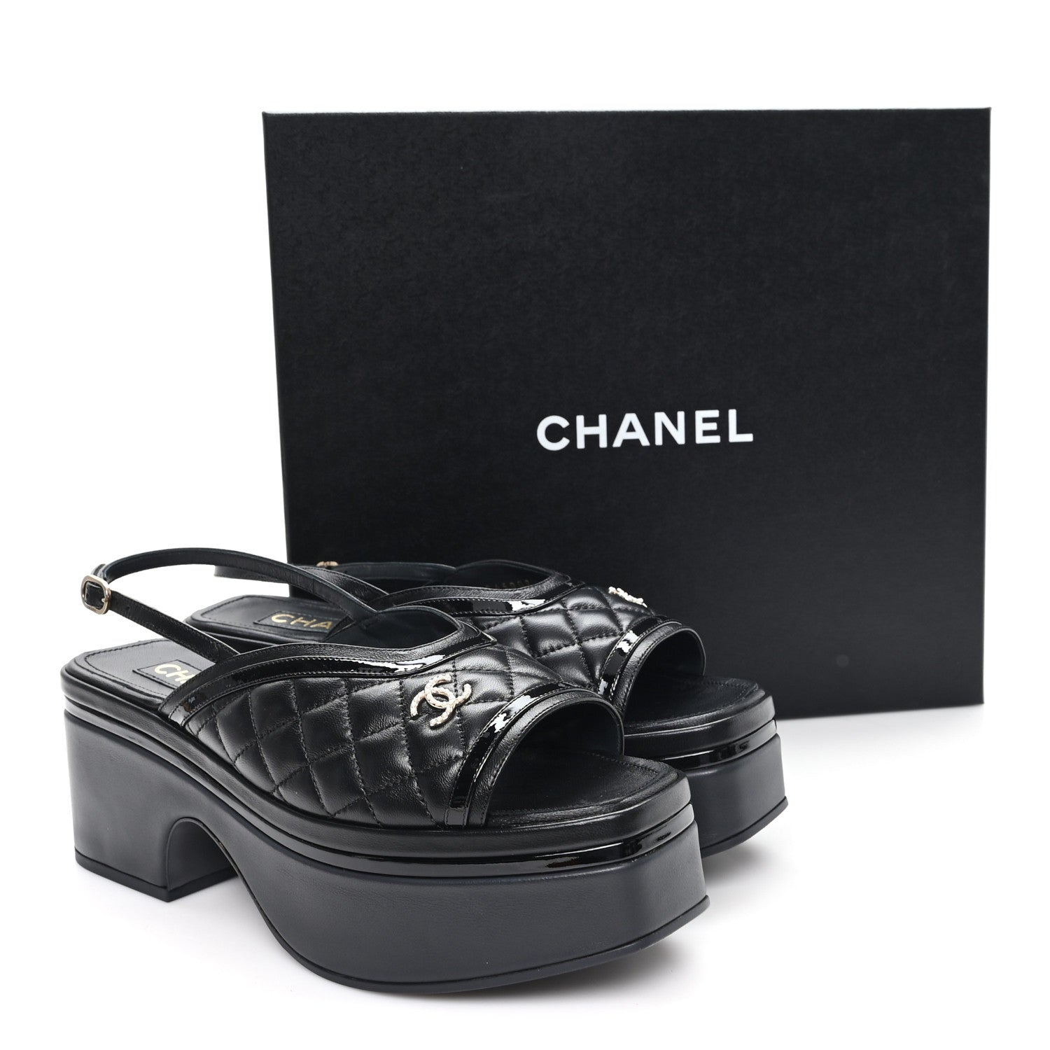 Lambskin Patent Quilted CC Platform Sandals 39.5 Black