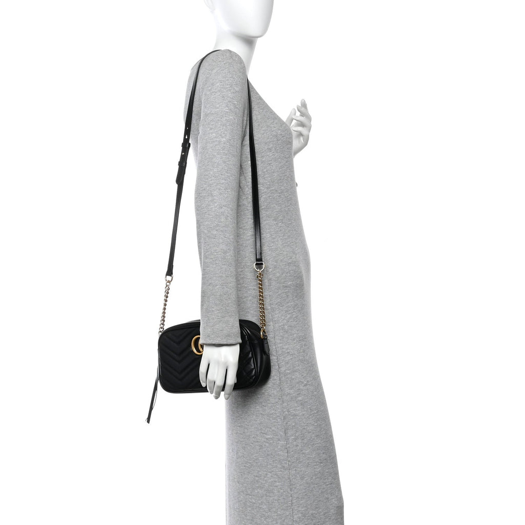 Gucci Calfskin Matelasse Small GG Marmont Chain Shoulder Bag Black