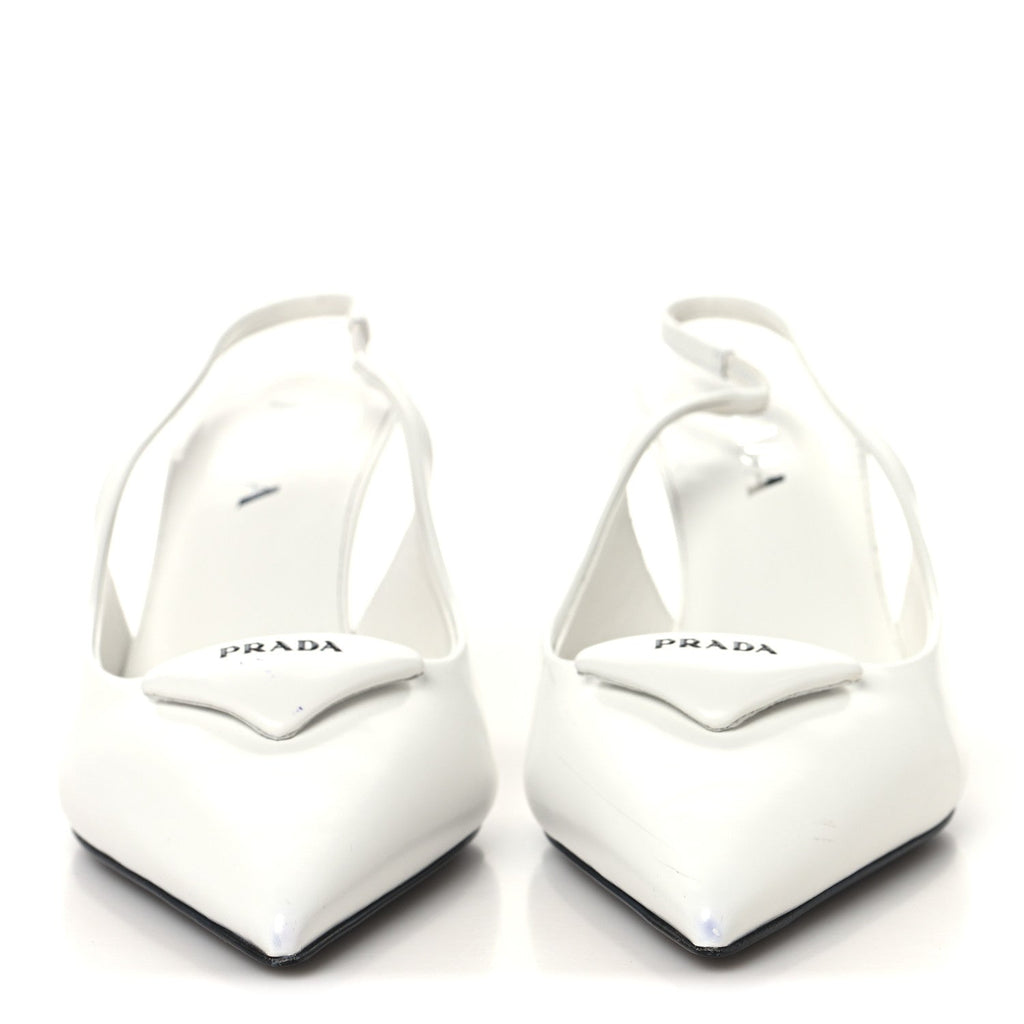 Prada Calfskin Triangle Logo Pointed Toe 75mm Slingback Pumps 38.5 White