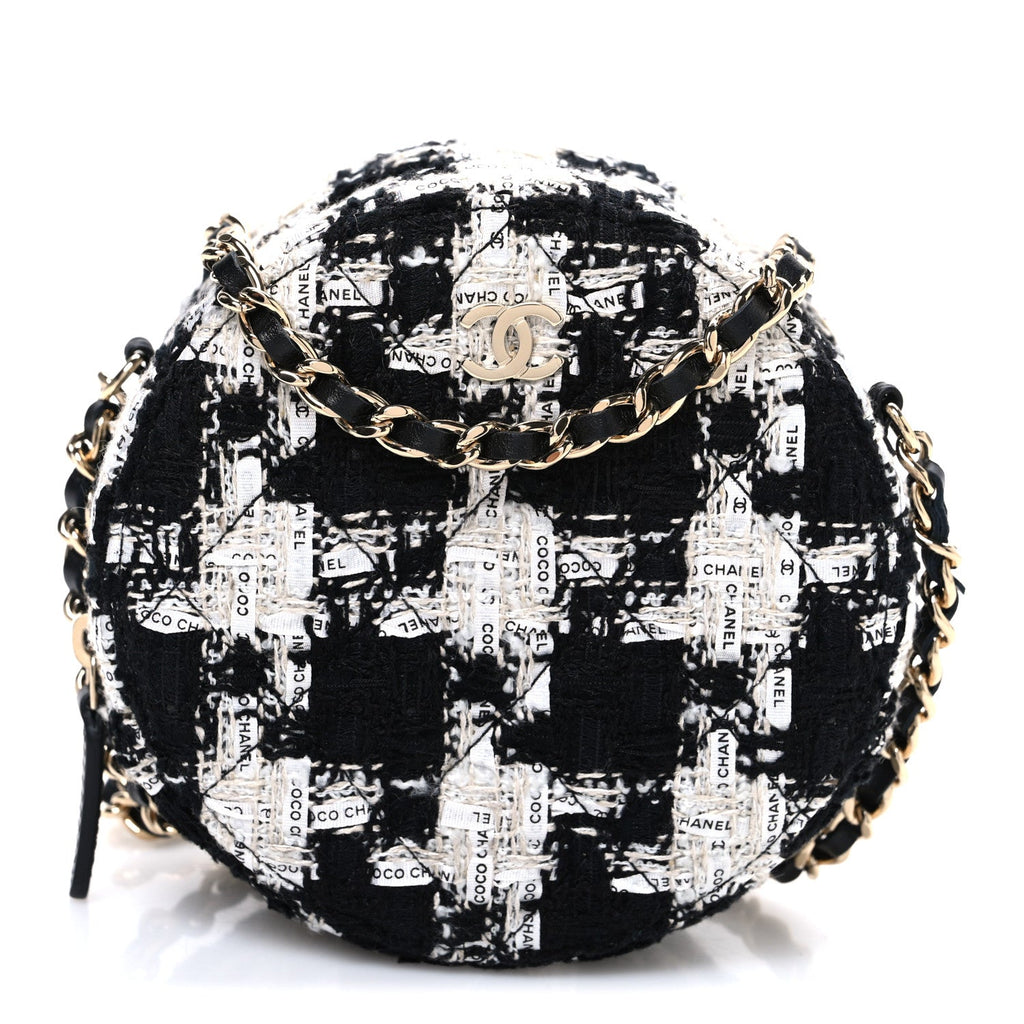 Chanel Tweed Quilted Round Clutch With Chain Black Ecru White