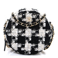 Chanel Tweed Quilted Round Clutch With Chain Black Ecru White