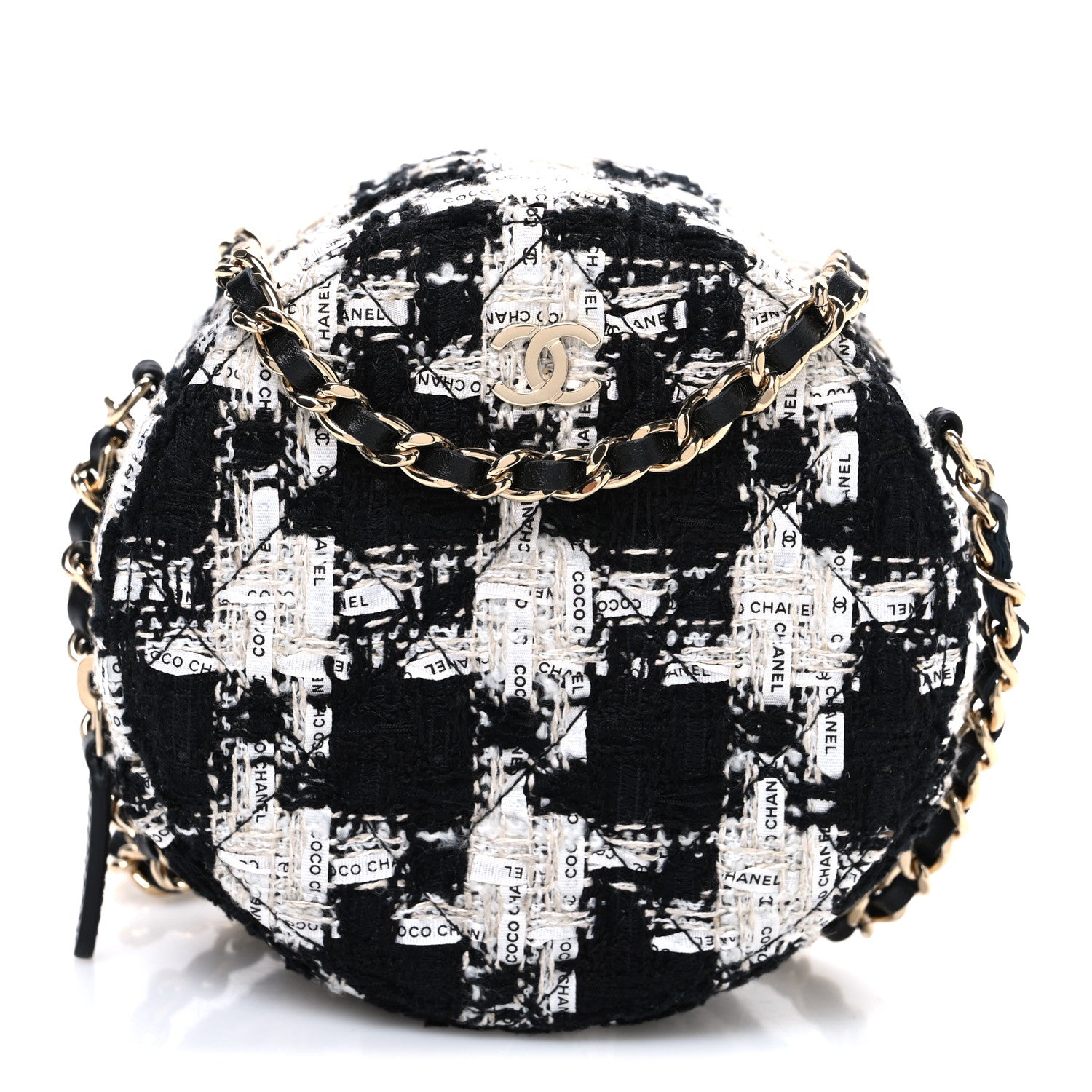 Chanel Tweed Quilted Round Clutch With Chain Black Ecru White