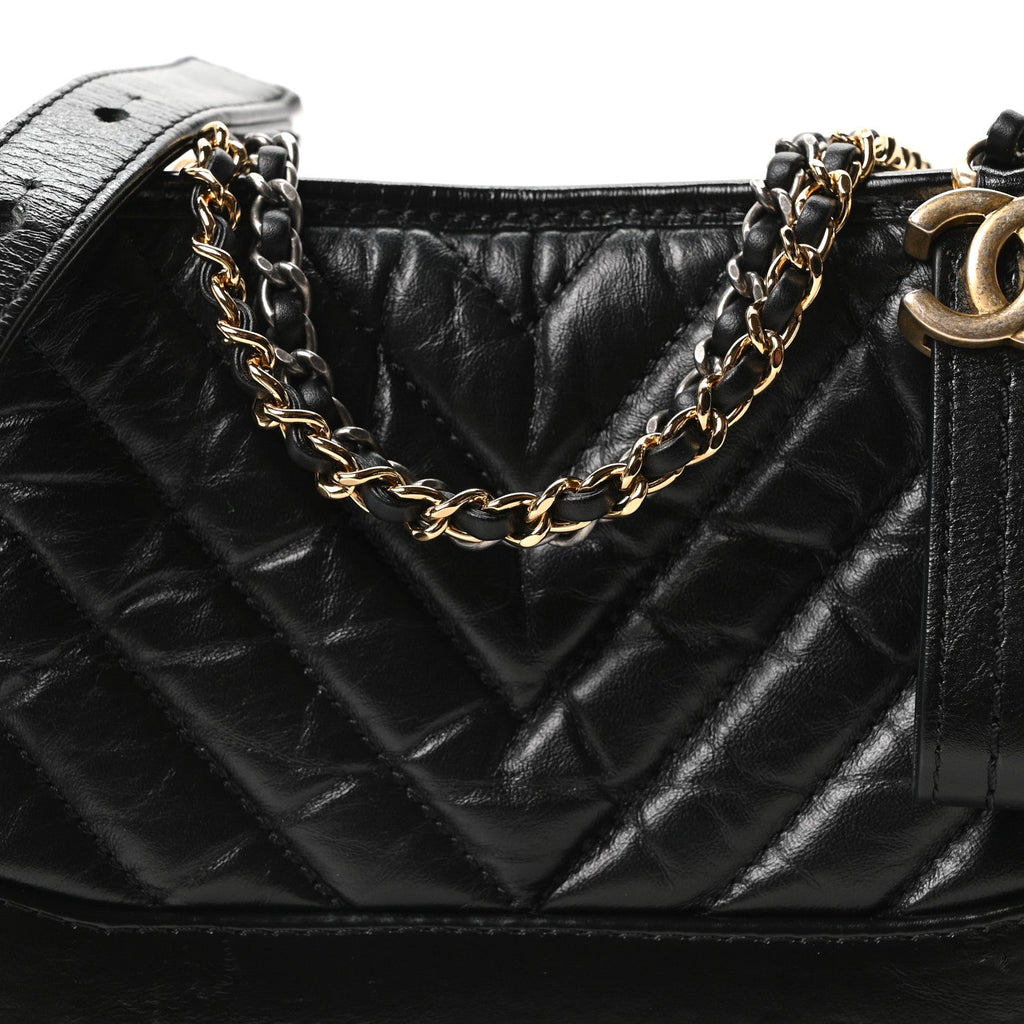 Chanel Aged Calfskin Chevron Quilted Small Gabrielle Hobo Black