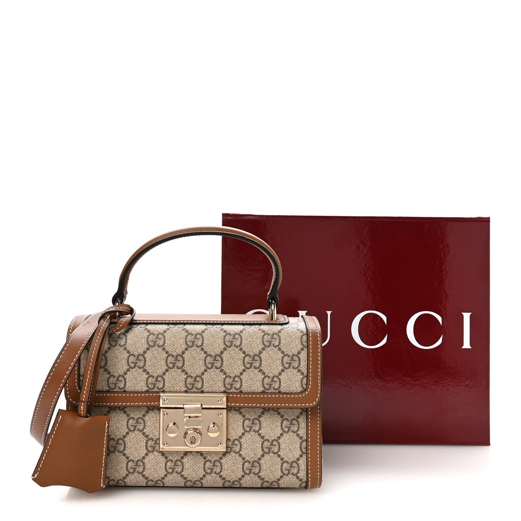 Gucci GG Supreme Monogram Small Padlock Top Handle Shoulder Bag Beige Ebony Dark Brown