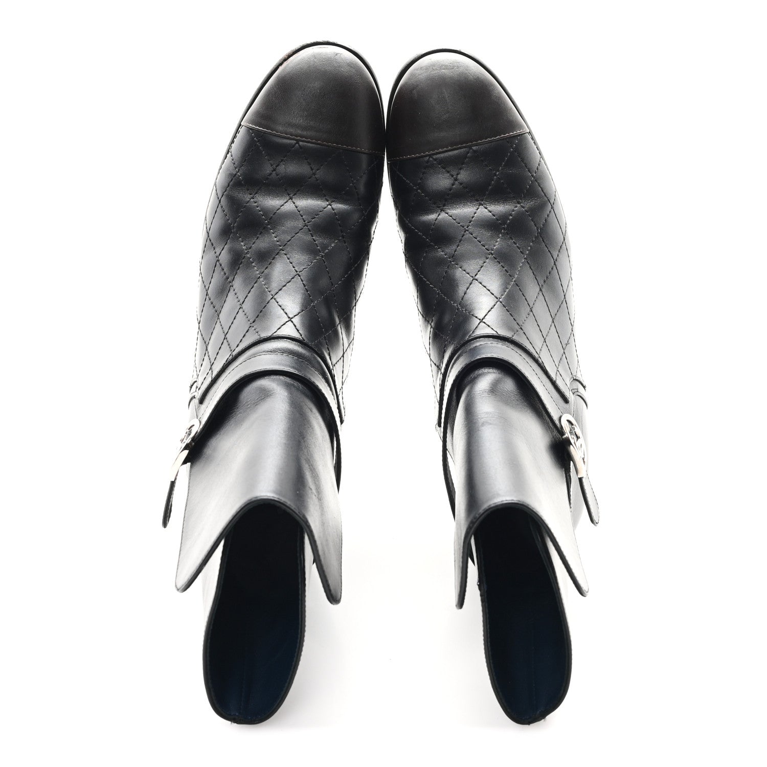 Calfskin Quilted Cap Toe Boots 41 Black Brown