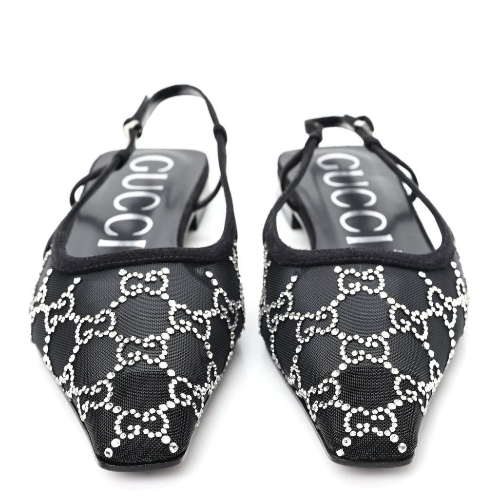 Gucci Suede Mesh Crystal GG Monogram Slingback Ballet Flats 39 Black