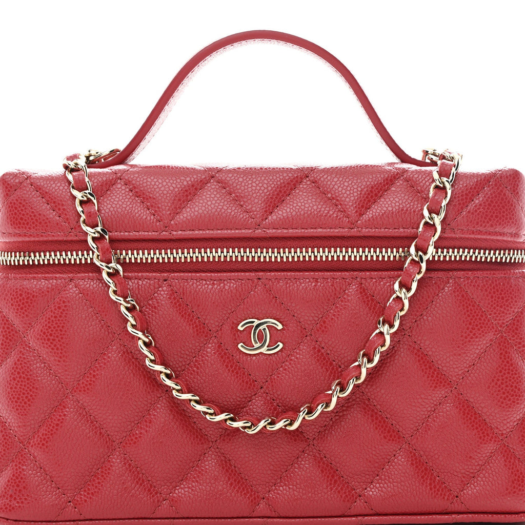 Chanel Caviar Quilted Top Handle Slim Vanity With Chain Red