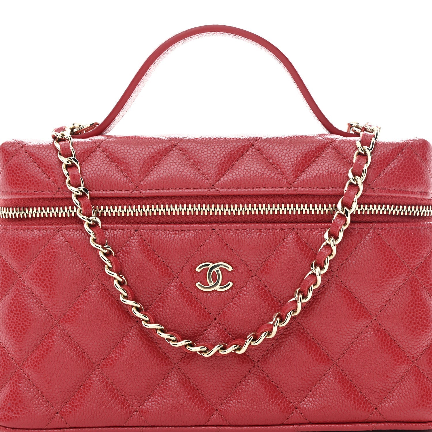 Chanel Caviar Quilted Top Handle Slim Vanity With Chain Red