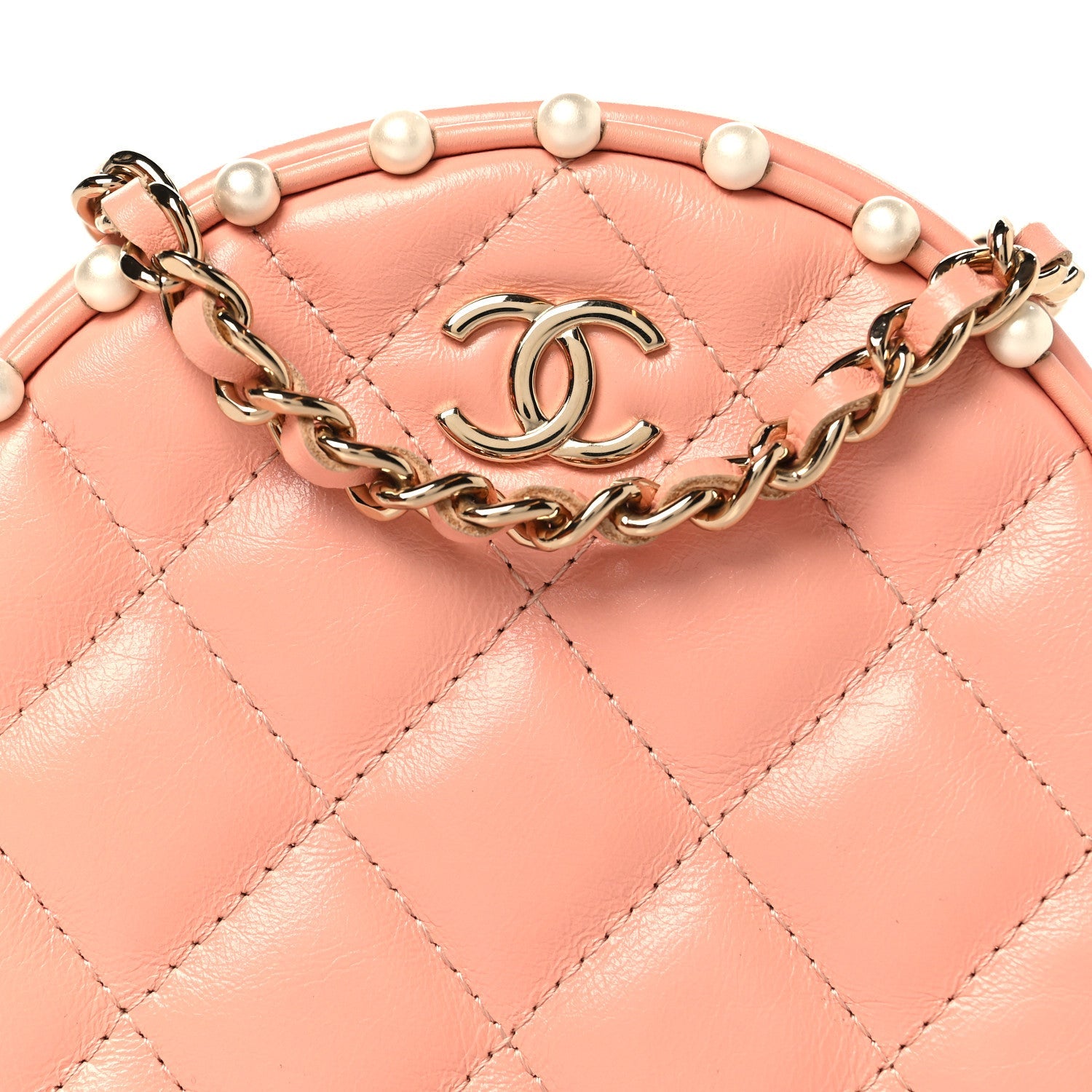 Chanel Calfskin Quilted Pearl Round Clutch With Chain Pink