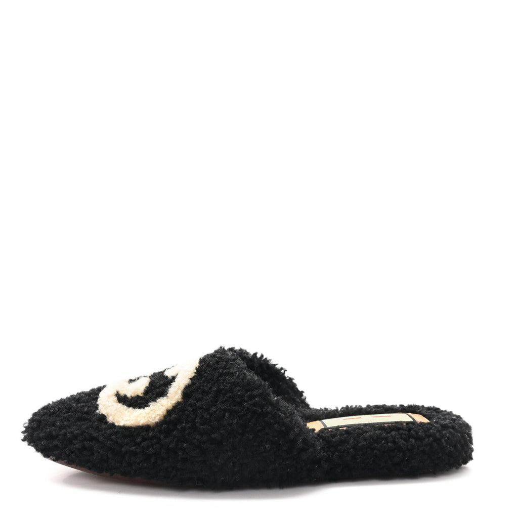 Gucci Faux Shearling Interlocking G Womens Eileen Slippers 36.5 Butterscotch Black