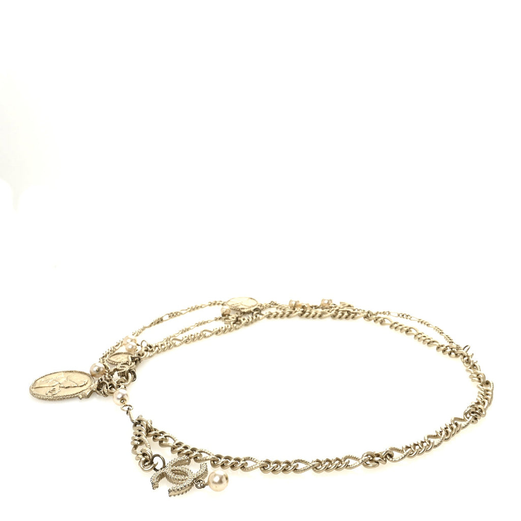 Metal Pearl Chain CC Triple Medallion Charm Belt Gold