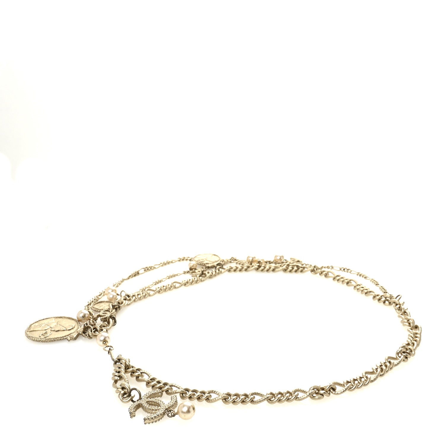 Metal Pearl Chain CC Triple Medallion Charm Belt Gold