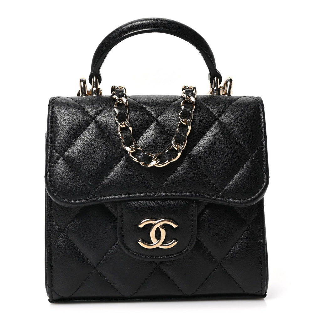 Chanel Lambskin Quilted Top Handle Flap Clutch With Chain Black