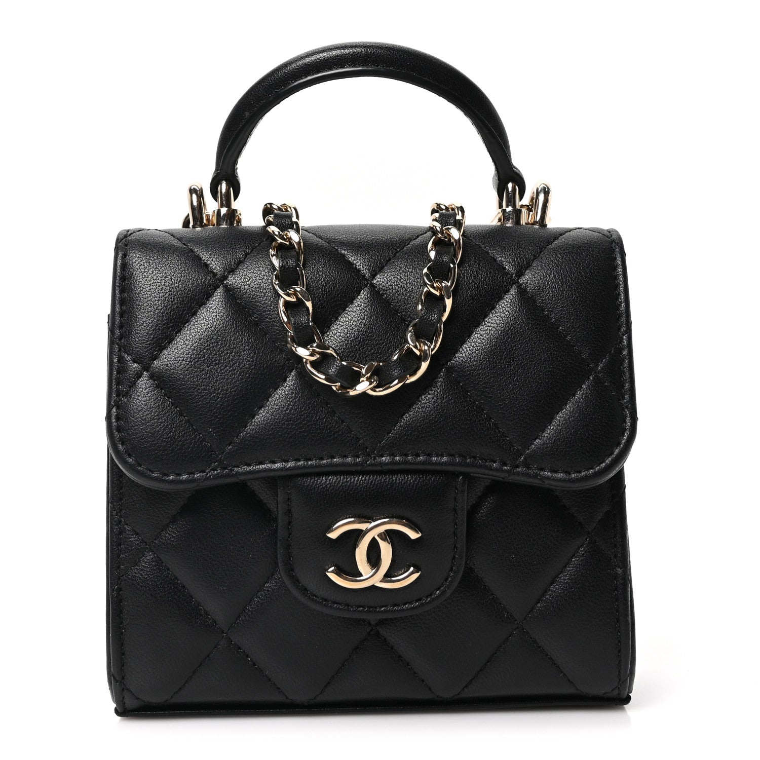 Chanel Lambskin Quilted Top Handle Flap Clutch With Chain Black