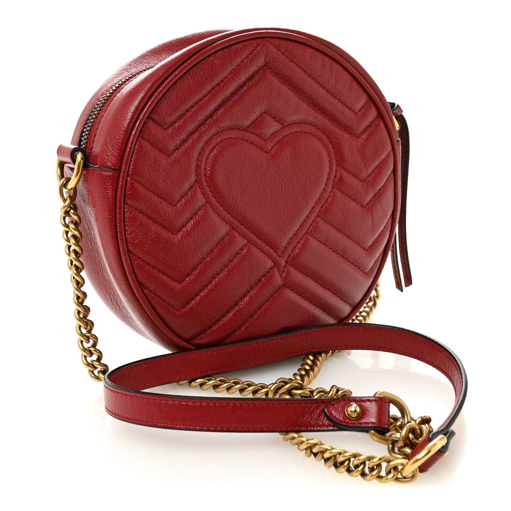 Gucci Glazed Calfskin Matelasse Heart Mini GG Marmont Round Shoulder Bag Romantic Cerise