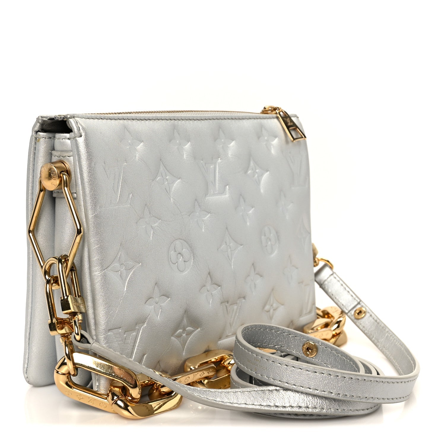 Louis Vuitton Metallic Lambskin Embossed Monogram Coussin BB Silver