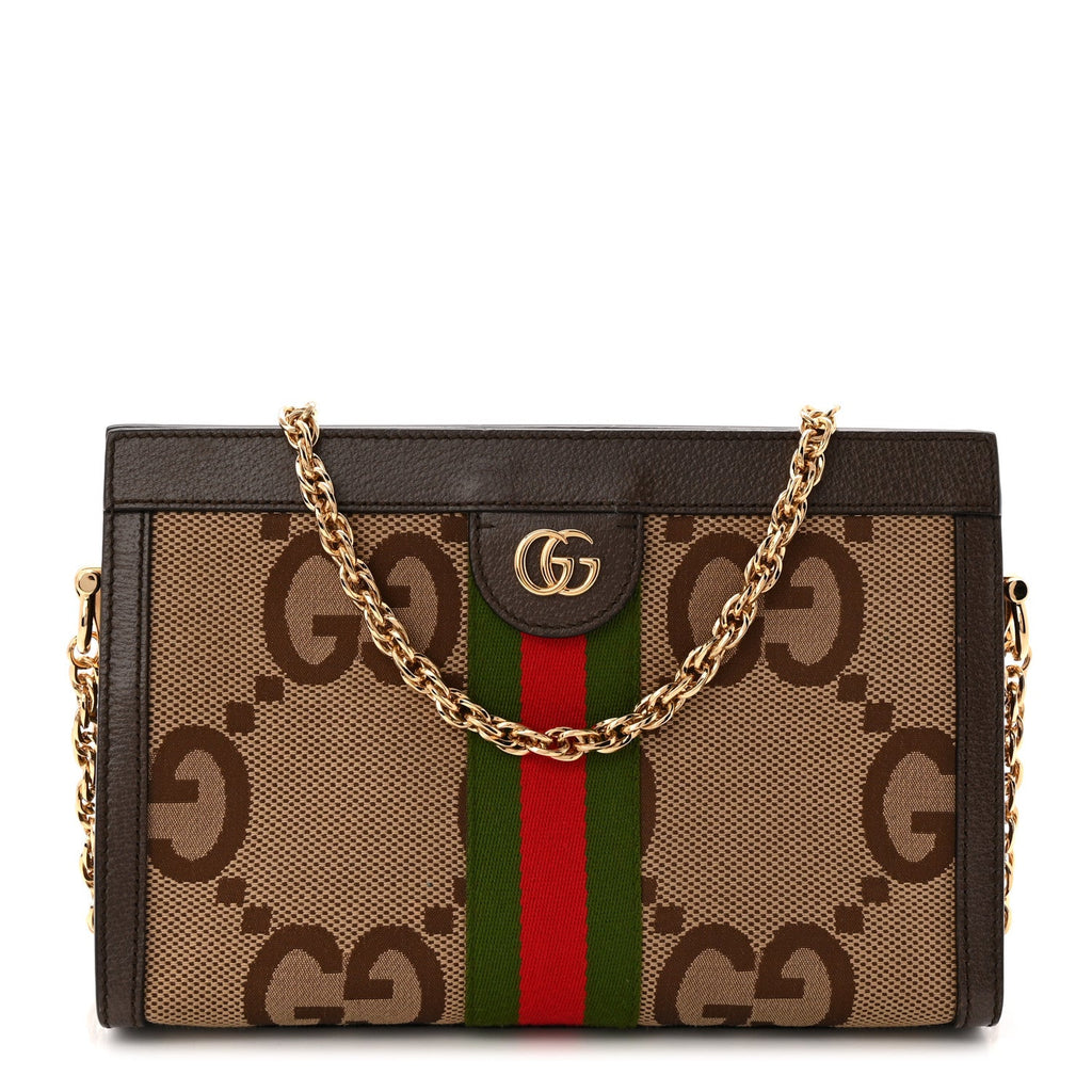Gucci Monogram Jumbo GG Textured Dollar Calfskin Web Small Ophidia Chain Shoulder Bag Camel Ebony New Acero
