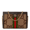 Gucci Monogram Jumbo GG Textured Dollar Calfskin Web Small Ophidia Chain Shoulder Bag Camel Ebony New Acero