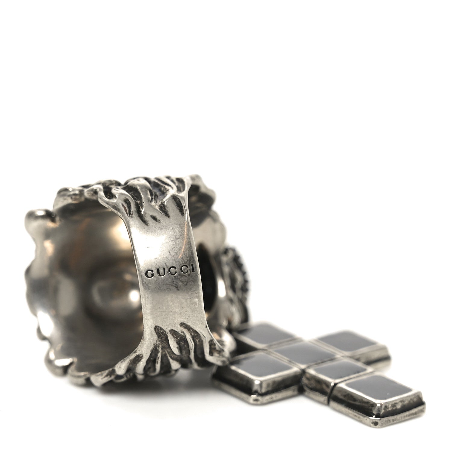 Gucci Enamel Brass Lion Head Crucifix Ring XL Black