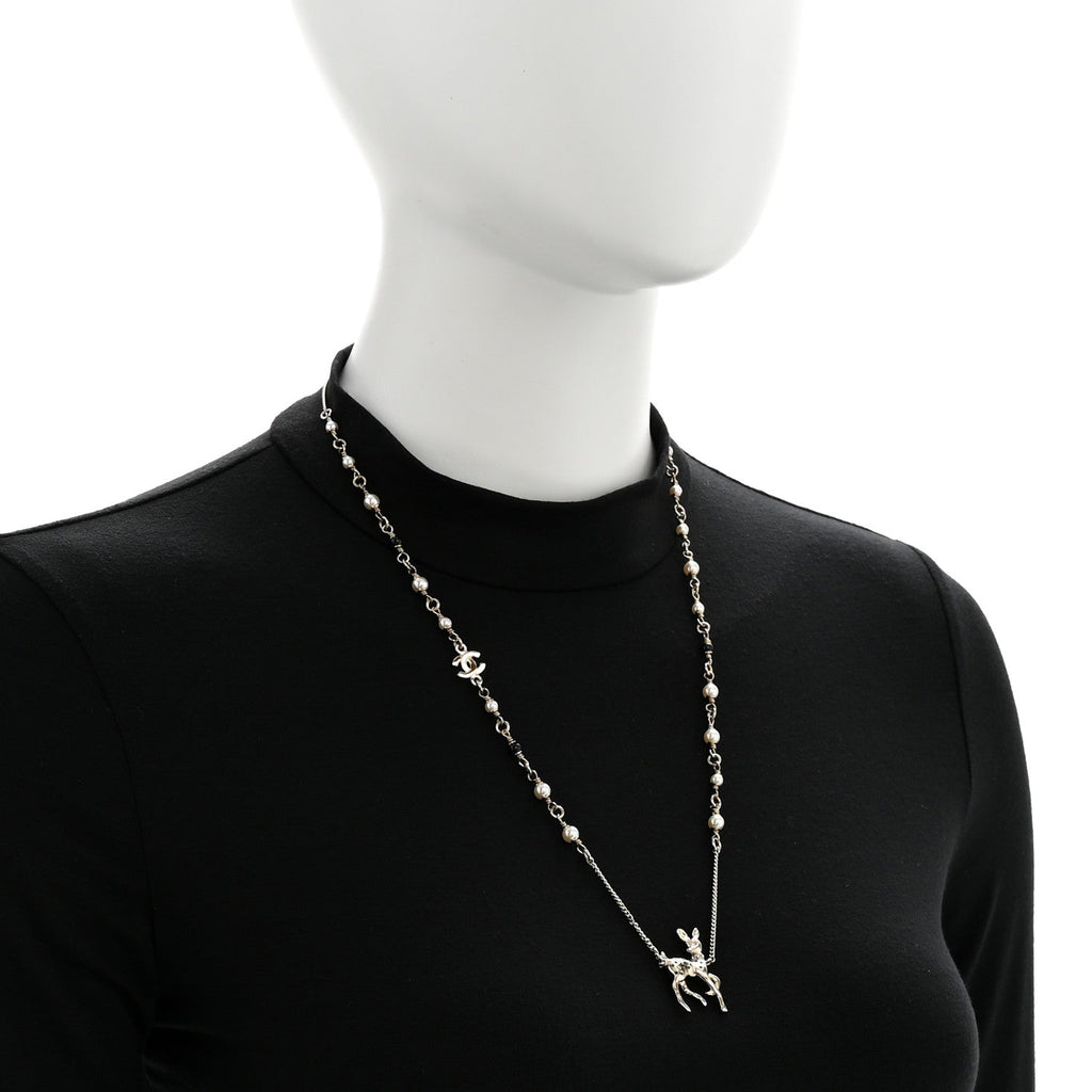Metal Crystal Pearl Deer Pendant Necklace Green Black Gold