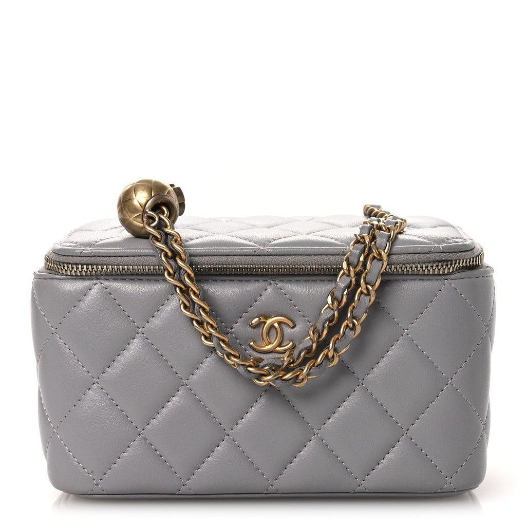 Chanel Lambskin Quilted Small Pearl Crush Vanity Case With Chain Grey