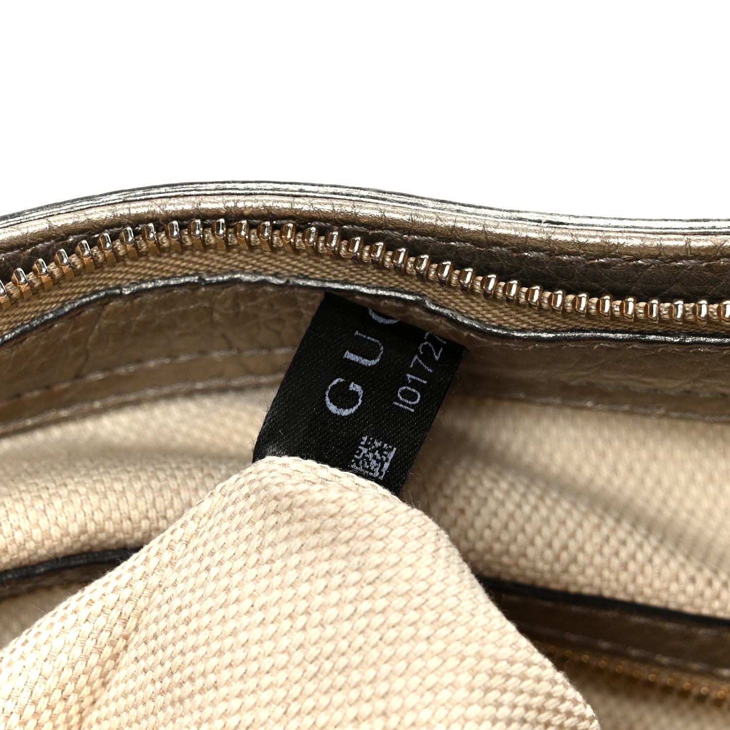 Gucci Metallic Pebbled Calfskin Small Soho Top Handle Bag Golden Beige