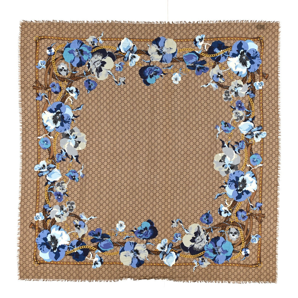 Gucci Wool Jacquard GG Monogram Big Panshie Fringe Shawl Sapphire Beige