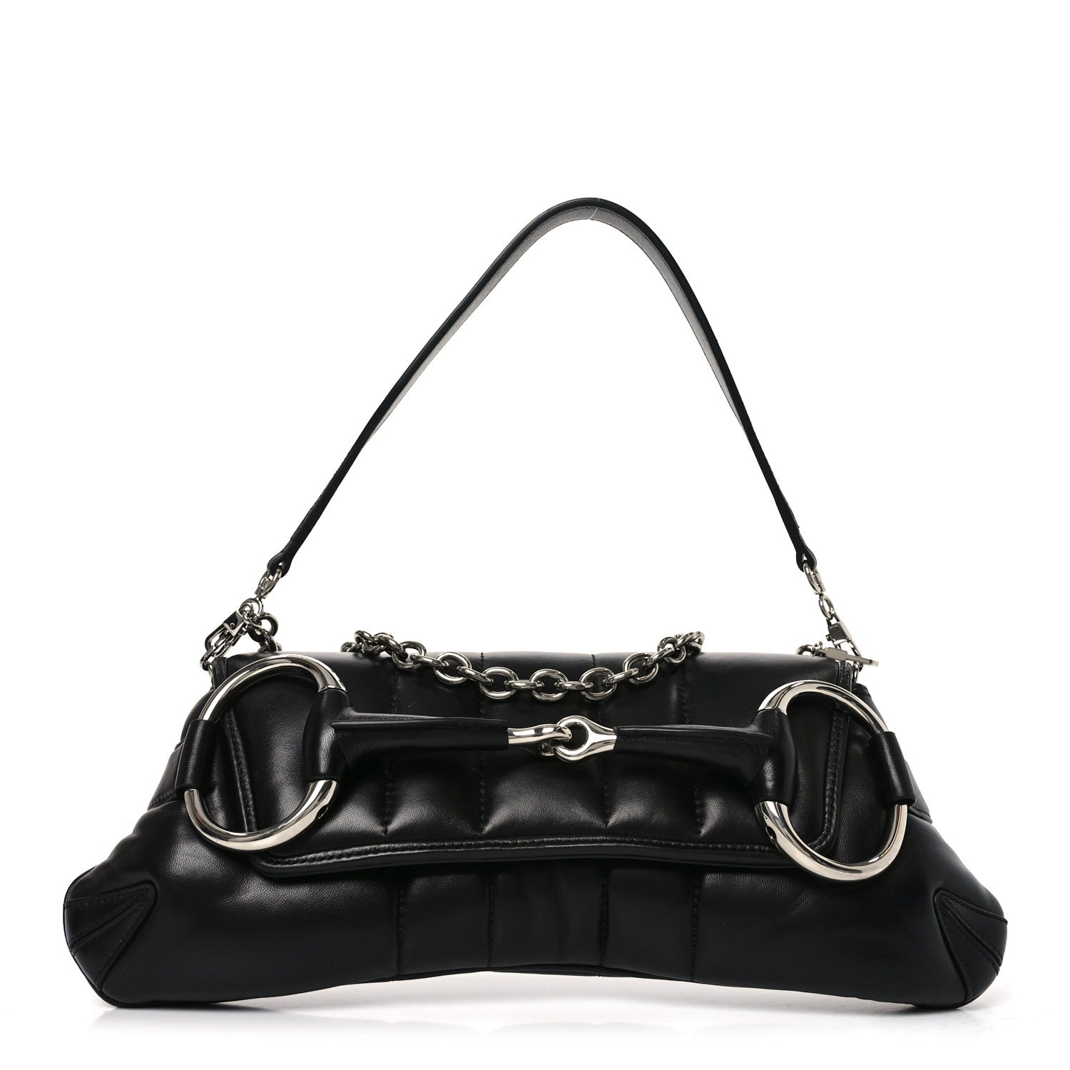 Gucci Nappa Vertical Matelasse Medium Maxi Horsebit Chain Shoulder Bag Black