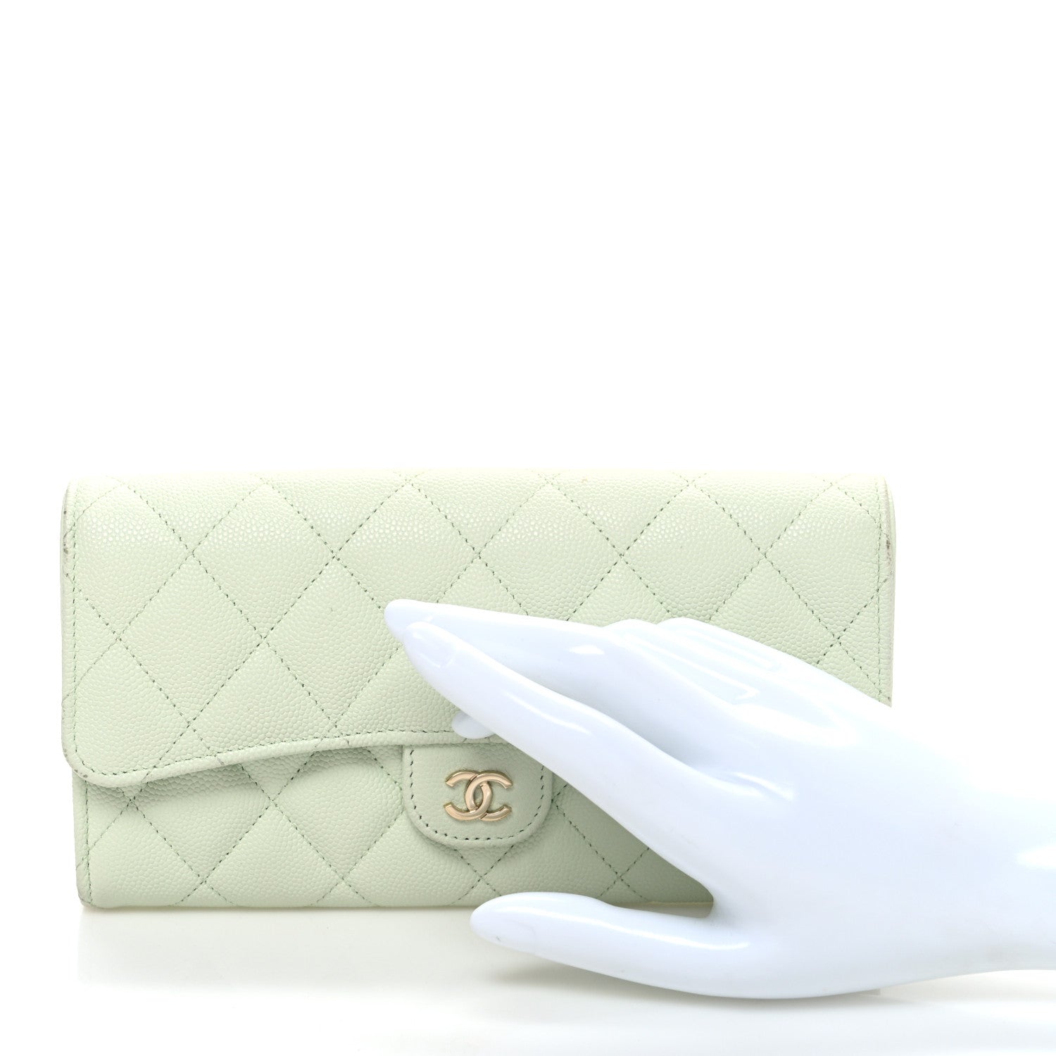Caviar Quilted Large Gusset Flap Wallet Light Green