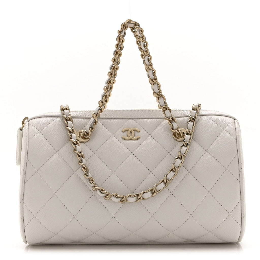 Chanel Caviar Quilted Barrel Clutch With Chain White