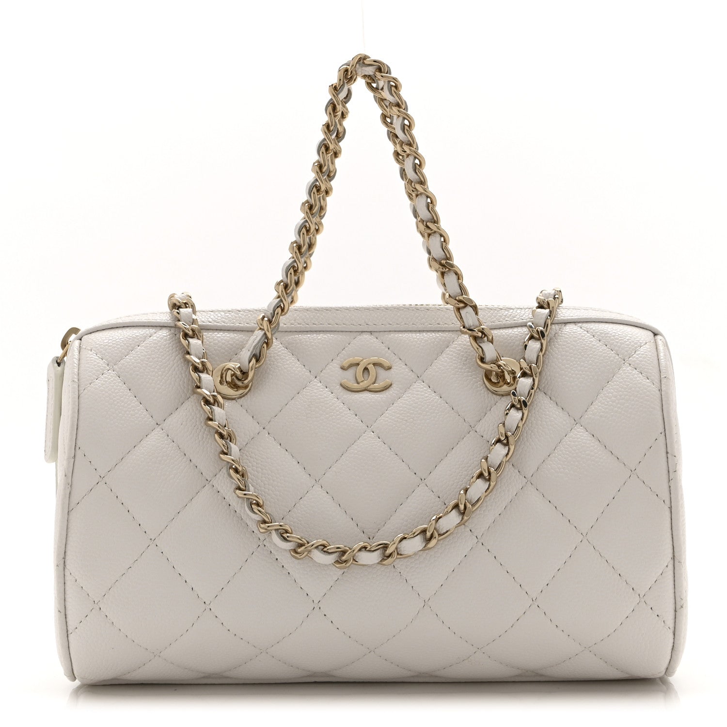 Chanel Caviar Quilted Barrel Clutch With Chain White