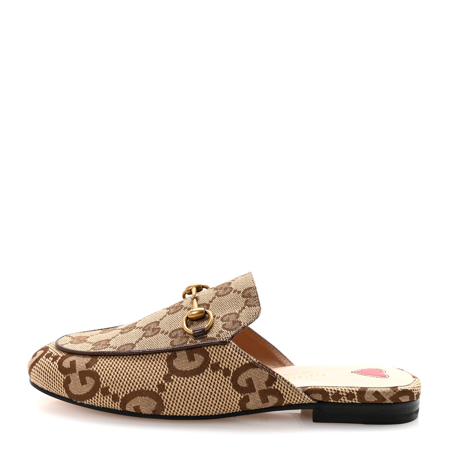Gucci Monogram Jumbo GG Malaga Kid Womens Princetown Slippers 35.5 Camel Ebony New Acero Beige
