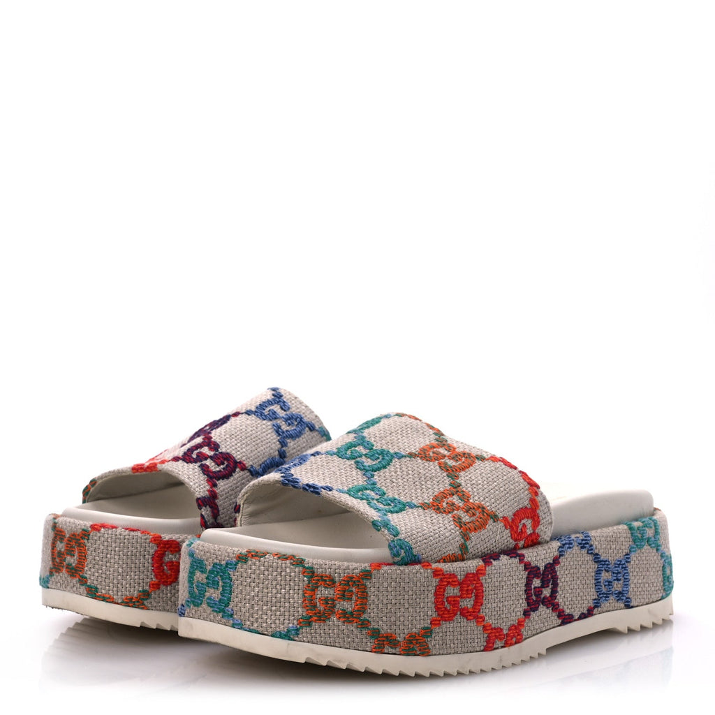 Gucci Linen Psychedelic Mini GG Monogram Angelina Platform 55mm Slide Sandals 36 Multicolor